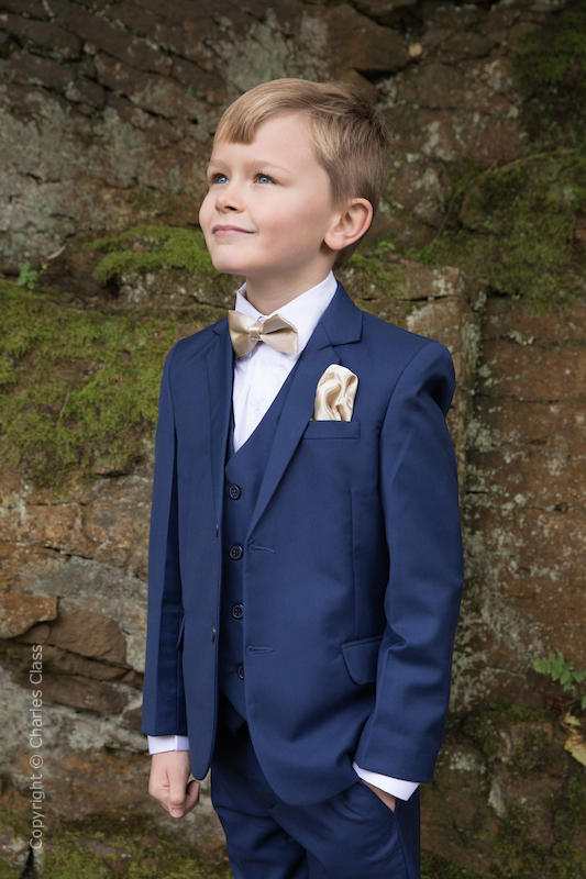 Boys Royal Blue Suit with Champagne Bow & Hankie - George